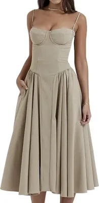 Produktbild von Damen Vintage Sommerkleid Lang mit Trägern Kaffeebraun S