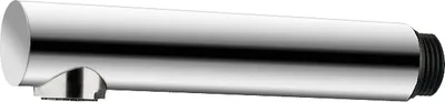 A chrome-plated shower head extension or spout.