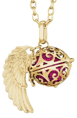 Productafbeelding van Morella damesketting, goudkleurig, roestvrij staal, 70 cm, met gouden hanger in de vorm van een engelenvleugel en een klankbol met een roze zirkonia, diameter 16 mm, geleverd in een sieradenzakje