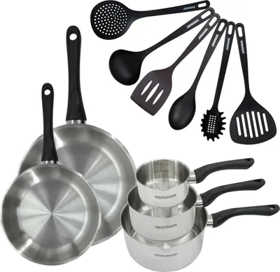 Image de Set 2 poêles 24 et 28 cm 3 casseroles 12 16 et 20 cm en inox et 6 ustensiles Fackelmann Geneva