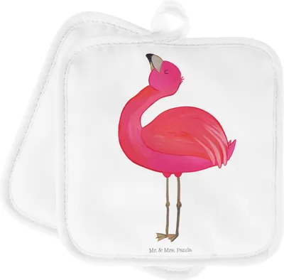 Produktbild von Mr. & Mrs. Panda Topfuntersetzer Flamingo Stolz - Weiß - Geschenk, Schwester, Freundin, Topflappen, topfhalter, Ofenlappen, Kochlappen, Set, Rosa