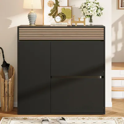 Produktbild von Merax Schuhschrank mit 2 Klappen, schmaler Schuhkipper mit 1 Tür und Schublade, Schuhablage Flur Eingang, Aufbewahrungsschrank, Schwarz Holzoptik