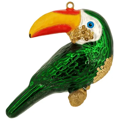 A glass ornament shaped like a toucan.