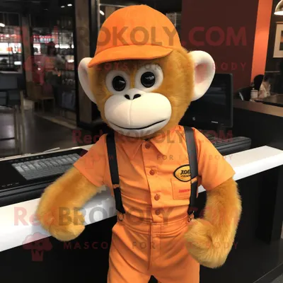 Produktbild von Orangefarbener REDBROKOLY Affe Maskottchen Kostüm charakter bekleidet mit einem Overall und Stirnbändern