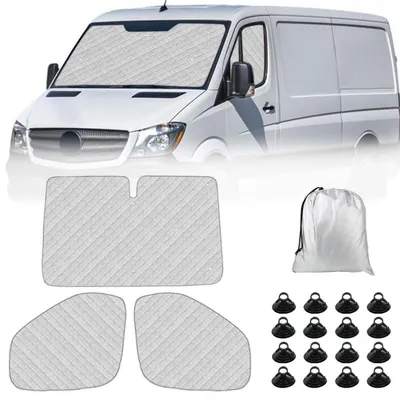 Immagine prodotto di Tappetini termici per l'abitacolo, in 3 pezzi, per Mercedes Sprinter dal 2019 al 2026. Offrono protezione solare, protezione dai raggi UV e controllo della temperatura