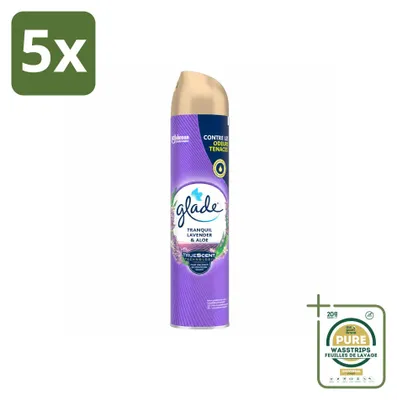 Imagen del producto de 5 aerosoles ambientadores Glade, aroma lavanda y aloe, 300 ml, pack ahorro, 5 unidades