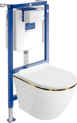 Produktbild von DOMINO | Villeroy&Boch ViConnect H112 Vorwandelement Unterputz WC mit Bedienplatte + Wand Hänge Tiefspül WC Sofi Slim Gold Line Spülrandlos | WC set |