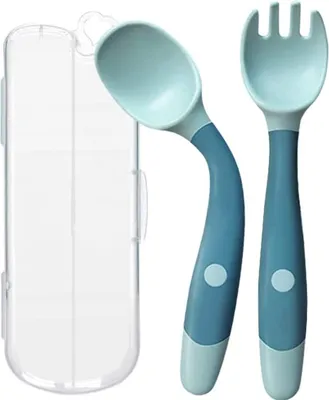 Image de ASKSA 2PCS Ensemble fourchette et cuillère pour l'entraînement à l'alimentation des tout-petits, Set de fourchettes à cuillère pour bébé, Easy Grip, résistant à la chaleur, fourchettes d'apprentissage flexibles pour enfants (Vert)