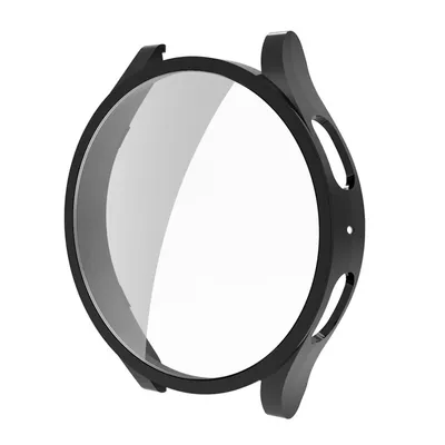 A black watch case with a clear screen protector, shown from a slightly elevated angle against a white background.