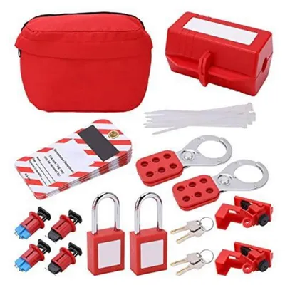 Immagine prodotto di Kit di blocco e etichettatura per interruttori, set LOTO con lucchetti, ganci di sicurezza ed etichette di avvertimento, sicurezza industriale
