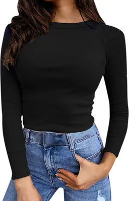 Produktbild von ASKSA Damen Gerippt Langarmshirt Slim Fit Langarm Oberteile Basic T-Shirt Top Pullover, Schwarz, M