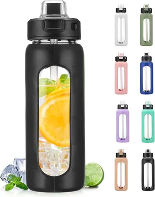 Obrázok produktu pre Sklenená flaša na vodu 700 ml, s rukoväťou a slmičkou, nepresakujúca, pre šport