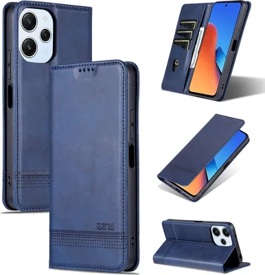 A collage of images showing a blue leather flip case for a Xiaomi Redmi 12 4G phone from various angles, including its cardholder feature and stand function.