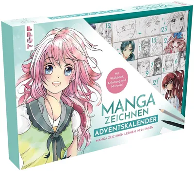 Productafbeelding van Zeichnen Adventskalender - Manga zeichnen lernen in 24 Tagen. Mit Anleitungsbuch, Workbook und Zeichenmaterial: Box (38,5 x 26
