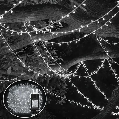 Obrázok produktu pre LED svetelný reťazec, 30 metrov, 300 LED, studená biela, 8 režimov osvetlenia, funkcia pamäte, kábel s dĺžkou 5 metrov, vhodný na Vianoce, do záhrady, na balkón a na párty