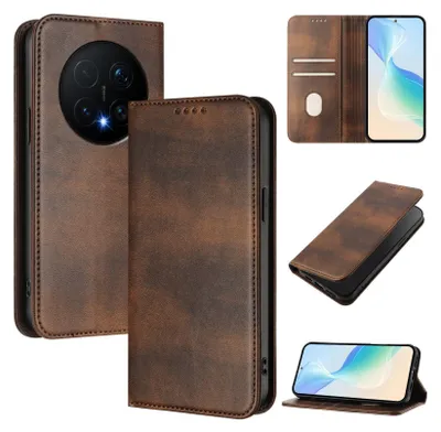 Image de Housse de téléphone portable pour Honor Magic8 Pro, Vintage Cuir RFID Protection Porte-carte Stand Fonction Housse magnétique à rabat Marron