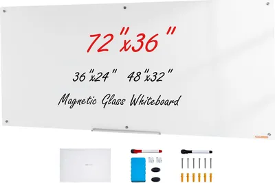 Produktbild von Magnetisches Glas-Whiteboard, Wandtafel Trocken Abwischbare Tafel 1829 x 915 cm, Wandmontiertes Weißes Glasboard ohne Rahmen, mit Stiftablage, einem Radiergummi& 2 Stiften, Magnettafel Weiß