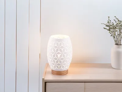 Produktbild von Ausgefallene kleine LED Nachttischlampe für die Fensterbank Weiß Holzfuß, H 21cm