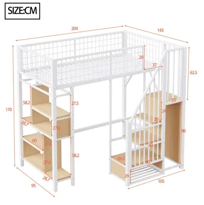 Obrázok produktu pre Kovová vysoká posteľ s úložným priestorom – poschodová posteľ – s rebríkom – 90 x 200 cm – biela – moderný štýl