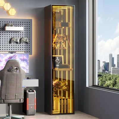 Produktbild von STILVORA Standvitrine mit Aluminiumrahmentür und gehärtetem Glas, Glasvitrine mit 5 Fächern und verstellbaren Einlegeböden, Vitrinenschrank mit LED-Lichtleiste Soft-Close Schwarz