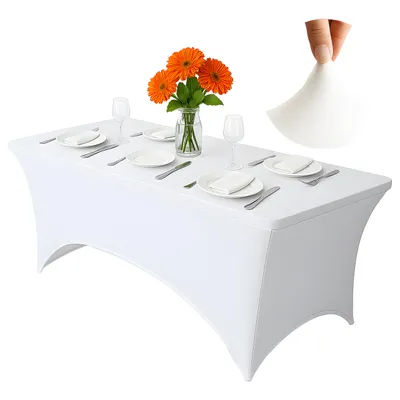 Produktbild von Tischhusse 180 cm Stretch – Weiß – Catering Tischbezug – elastisch – faltenfrei