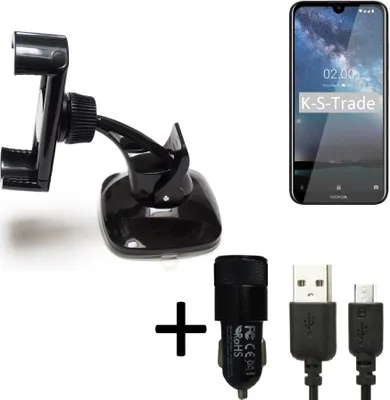 Produktbild von K-S-Trade Halterung kompatibel mit Nokia 2.2 (2019) Windschutzscheibe / Armaturenbrett + LADEGERÄT mit Mico USB Kabel Autohalterung KFZ Halter