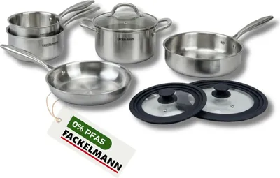 Image de Poêles à Frire 24 cm, Casseroles 14 et 18 cm, Faitout 20 cm, Sauteuse 24 cm inox 18/10 Triply et 2 couvercles Fackelmann Vita3