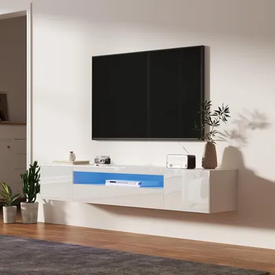 Produktbild von Radelldar Lowboard mit LED-Beleuchtung, TV-Schrank, Hochglanz, für Fernseher bis zu 85 Zoll, hängend, 180cm, Weiß
