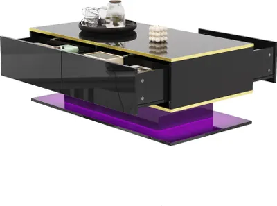 Image de Fortuna Lai Table basse moderne à LED brillante, 100 cm de long, ornements dorés, 3 tiroirs et bande lumineuse LED USB (adaptateur/batterie externe requis)