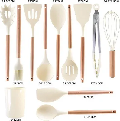 Produktbild von Famanu Silikon Kochgeschirr Set - Hitzebeständig mit Utensilienhalter - Holzgriffe - Antihaftbeschichtung - Weiß