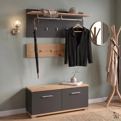 Produktbild von Garderobenset BILBAO 3-teilig, Artisan Eiche / Kosmos Grau, ideal für Flur und Eingangsbereich, mit 9 Haken, Kleiderstange, Hutablage und Schuhbank