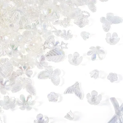 Imagen del producto de Varias cuentas de acrílico: transparentes, con forma de flor, con tapas para cuentas, lazo, mariposa, cola de sirena, hoja. Cuentas estéticas para manualidades, 100 gramos, ideales para pulseras de la amistad y creación de joyas
