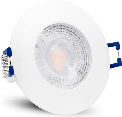 A white recessed LED spotlight with blue spring clips.