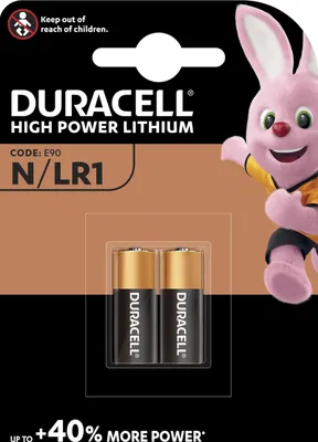 Packaging for Duracell N LR1 batteries featuring the Duracell bunny mascot.