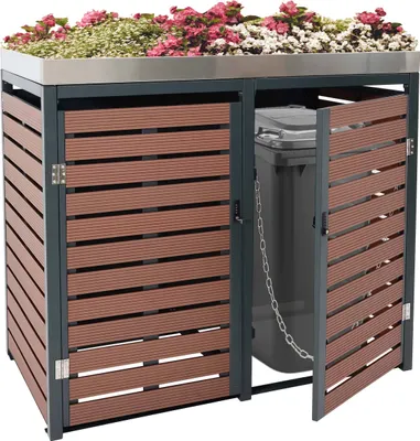 Obrázok produktu pre 2 kryty na odpadkové koše HWC-K14, box na odpadky s boxom na sadenie, 124x134x84cm WPC nerezová oceľ 79kg ~ vzhľad orechového dreva