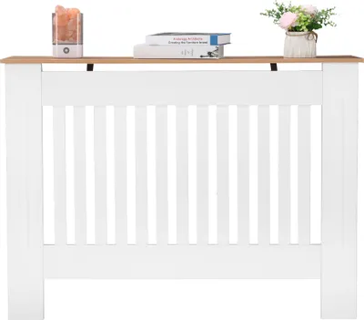 Produktbild von FCH Heizkörperverkleidung, vertikales Streifenmuster, MDF, weiß und holzmaserung, 112 x 19 x 81,5 cm - Heizungsabdeckung Heizkörper Abdeckung für Schlafzimmer Wohnzimmer