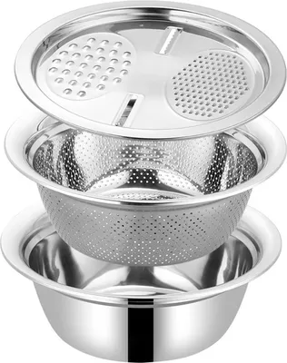 Produktbild von Siebschüssel-Set aus Edelstahl mit Abtropfschale, multifunktionale Reibeplatte, Reiswascher, Siebschüssel, Nudelabtropfgestell zum Waschen von Obst und Gemüse, Salat, Küchengeräte
