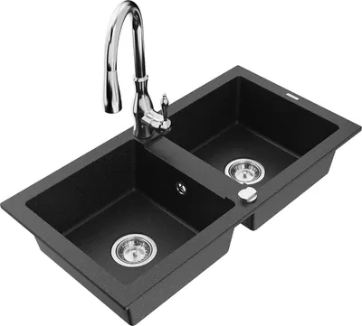 Produktbild von Mexen Mario 2-Becken-Granitspüle mit Mischbatterie Savita, Schwarz/Silbermetallic - 6504-73-672601-00