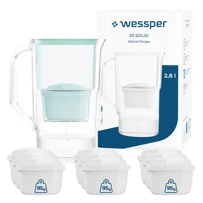 Immagine prodotto di Caraffa filtrante Wessper D1 SOLID, colore menta, capacità 2,8 litri, con 10 filtri dell'acqua AquaMax