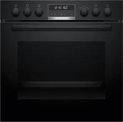 A front view of a black Bosch oven.