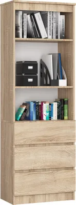 A tall, narrow bookshelf with three shelves and three drawers at the bottom, filled with books and office supplies.