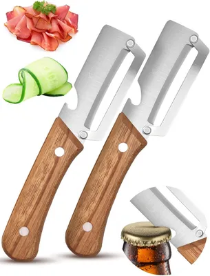 Imagen del producto de Pelador de verduras 2 en 1 con cuchilla de acero inoxidable, mango de madera, y función de abrelatas, ideal para frutas y verduras