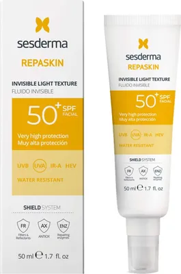 A product shot of a sunscreen tube and its box, both displaying branding and product information.