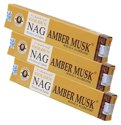 Produktbild von 3x Golden Nag Amber Musk Räucherstäbchen 45g – Sinnliches Natur-Räucherwerk