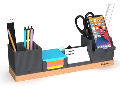 Büro-Organizer aus Holz, 6 Fächer, verstellbar, Handyhalter, grau