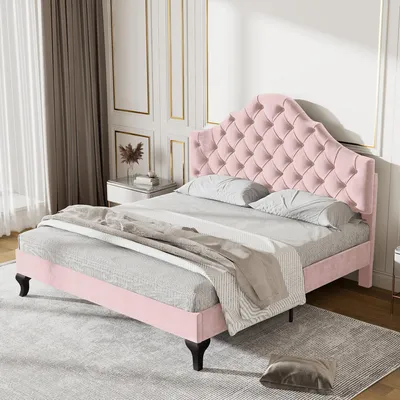 Image de Lit rembourré 140 x 200 avec sommier à lattes et tête de lit, lit rembourré avec tête de lit réglable en hauteur, velours, rose