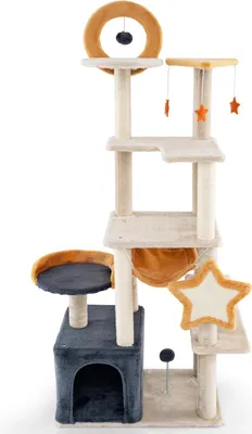 Produktbild von Kratzbaum - Kletterbaum für Katzen - Höhe 160 cm - Mehrstöckig - Sisal-Stämme & -Brett - Höhle - Plattformen & Plüschsitz - Hängespielzeug - Grau