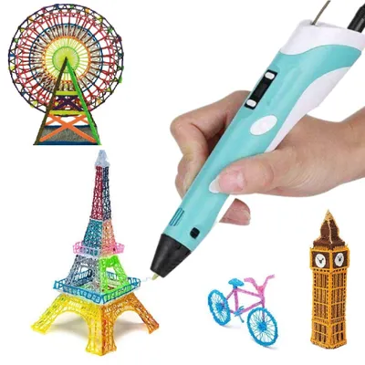 A hand holding a blue 3D printing pen, with various 3D printed models of landmarks and objects around it.