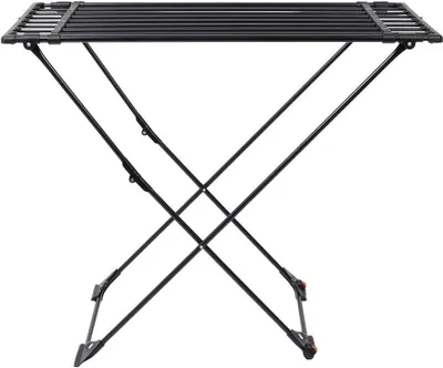 A black metal drying rack is shown against a white background.