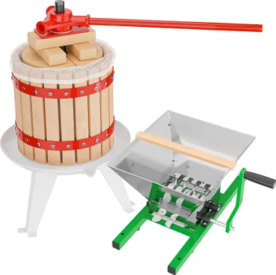 Zdjęcie produktu dla Zestaw Wiltec 12L wyciskarka do owoców wykonana z drewna bukowego, w tym ściereczka do wyciskania i młynek do owoców z lejkiem 7L, do produkcji soku, wina i zacieru